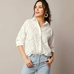 Chemisier broderie anglaise, manches longues