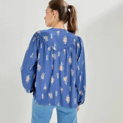 Chemisier fluide à plastron froncé, imprimé bouquets