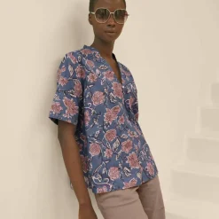 Chemisier imprimé floral col tunisien, manches courtes