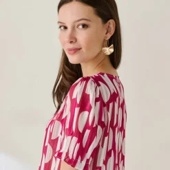 Chemisier manches blousantes imprimé bicolore, voile jacquard