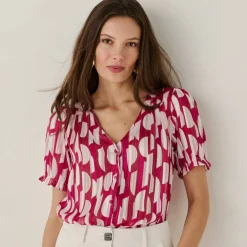 Chemisier manches blousantes imprimé bicolore, voile jacquard