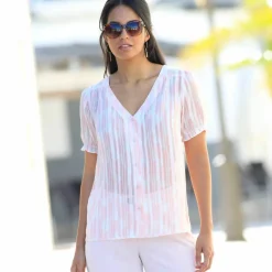 Chemisier manches blousantes imprimé bicolore, voile jacquard