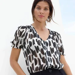 Chemisier manches blousantes imprimé bicolore, voile jacquard