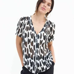 Chemisier manches blousantes imprimé bicolore, voile jacquard