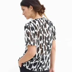 Chemisier manches blousantes imprimé bicolore, voile jacquard
