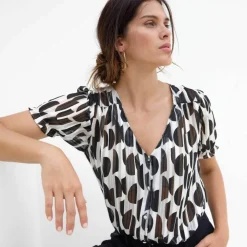 Chemisier manches blousantes imprimé bicolore, voile jacquard