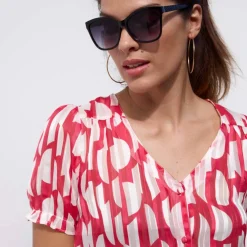 Chemisier manches blousantes imprimé bicolore, voile jacquard