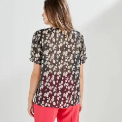 Chemisier manches blousantes imprimé floral, voile jacquard