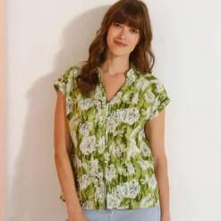 Chemisier manches courtes col volanté, imprimé floral