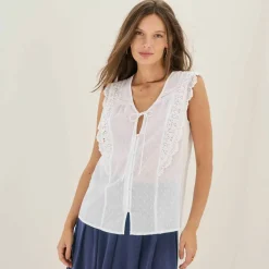 Chemisier plumetis et macramé sans manches