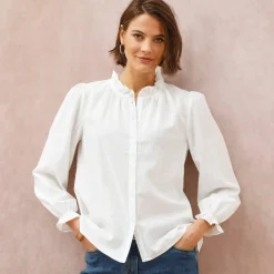 Chemisier uni volanté en coton texturé