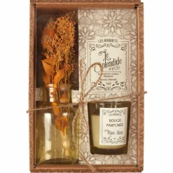 Coffret avec bougie parfumée, vase et fleurs séchées
