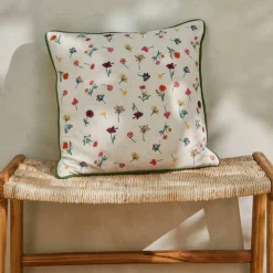 Coussin coton lin broderie fleurie