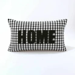 Coussin en coton, message HOME et carreaux tissé-teint