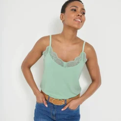 Débardeur col V dentelle, bretelles réglables