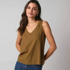 Débardeur larges bretelles col V, viscose et lin