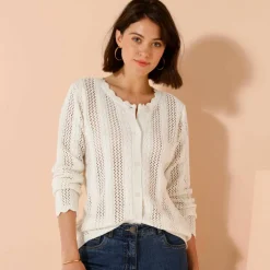Gilet boutonné col rond à écailles, maille ajourée