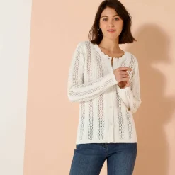 Gilet boutonné col rond à écailles, maille ajourée