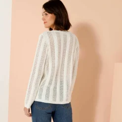 Gilet boutonné col rond à écailles, maille ajourée