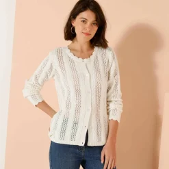 Gilet boutonné col rond à écailles, maille ajourée