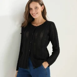 Gilet boutonné col rond à écailles, maille ajourée