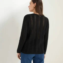 Gilet boutonné col rond à écailles, maille ajourée