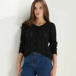 Gilet boutonné col rond à écailles, maille ajourée