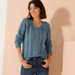 Gilet boutonné col rond à écailles, maille ajourée