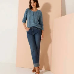 Gilet boutonné col rond à écailles, maille ajourée