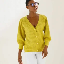Gilet boutonné col V, maille anglaise