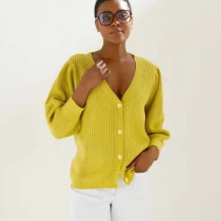 Gilet boutonné col V, maille anglaise