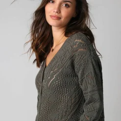 Gilet boutonné en coton ajouré manches longues