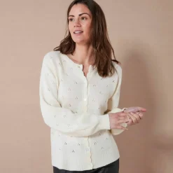 Gilet boutonné finition écailles, maille pointelle toucher doux