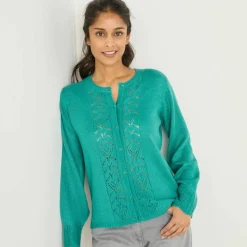 Gilet boutonné, maille ajourée