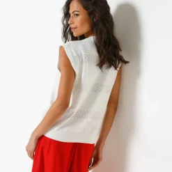 Gilet boutonné sans manches, maille ajourée