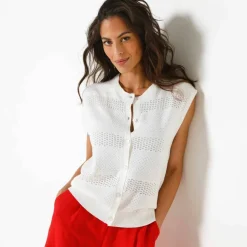 Gilet boutonné sans manches, maille ajourée