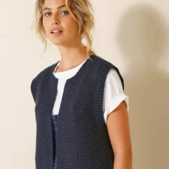 Gilet col rond sans manches, point mousse
