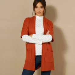 Gilet long ouvert manches courtes toucher doux