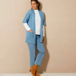 Gilet long ouvert manches courtes toucher doux