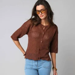Gilet maille ajourée manches coude