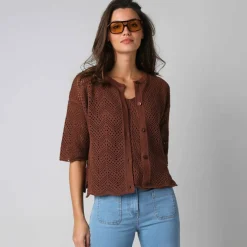 Gilet maille ajourée manches coude