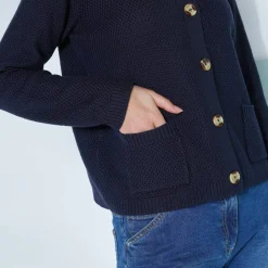 Gilet paletot maille fantaisie, boutons effet corne