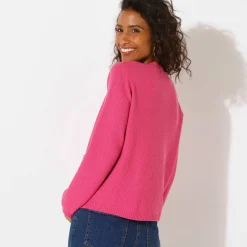 Gilet paletot maille fantaisie, boutons effet corne