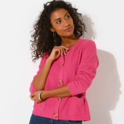 Gilet paletot maille fantaisie, boutons effet corne