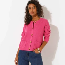 Gilet paletot maille fantaisie, boutons effet corne