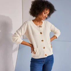Gilet paletot maille fantaisie, boutons effet corne