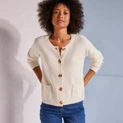 Gilet paletot maille fantaisie, boutons effet corne
