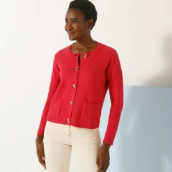 Gilet paletot maille fantaisie, boutons effet corne