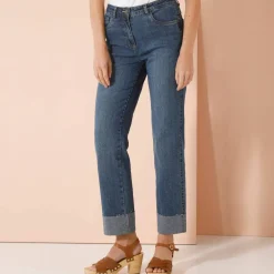 Jean droit à revers 7/8ème, taille haute