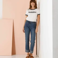Jean droit à revers 7/8ème, taille haute
